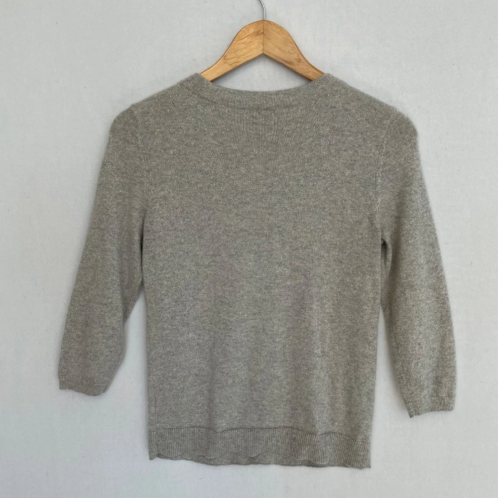 TALBOTS Women's Petite Small Gray Cashmere Silver Sparkle Crew Neck Sweater